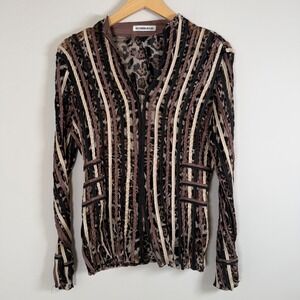 Alexandra Rosati Leopard Animal‎ Print Semi Sheer Mesh Striped Zip Up Shirt Top